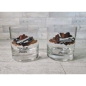2 Vintage Boeing Lowball Aviation Glasses Airplane Aircraft Bar Cups 727 737 PSA